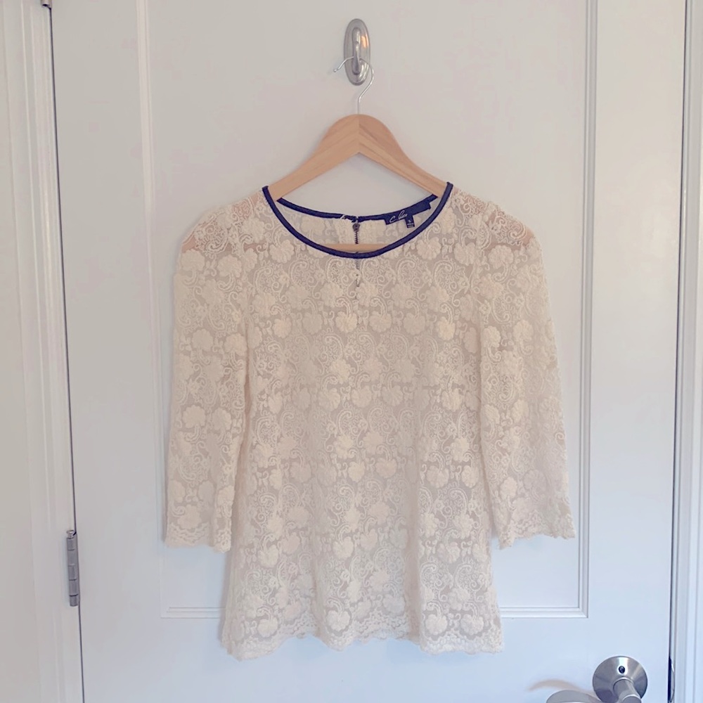 C. Luce Cream Colored Lace Top with Faux Leather Trim Detail in Size Small